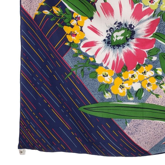 Silk Scarf Shawl Bold Floral Geometric Navy Blue Multicolor  Hand Rolled 35" - Picture 2 of 9
